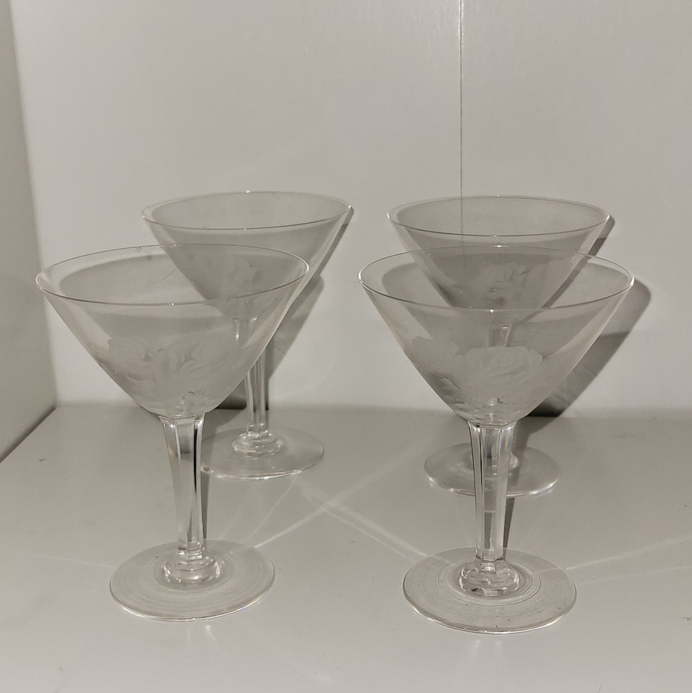 (4) Crystal Vintage Glasses Rose Etched Cordial Mini Tequila Glasses Set of 4